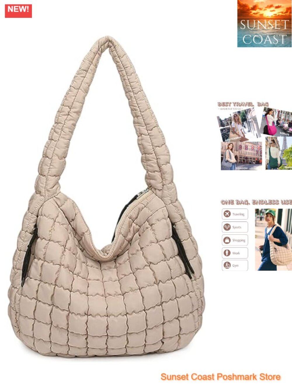 Quilted Puffer Hobo Bag, Large Nylon Crossbody Shoulder Tote, Lightweight Puffy
